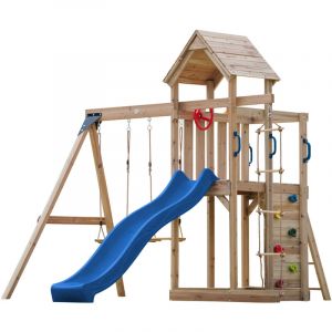 Axi Moos Aire de Jeux en Bois avec 2 Balançoires, Echelle en Corde, toboggan Bleu / Aire de Jeux Extérieur avec balançoires/ bac à sable/mur d'escalade