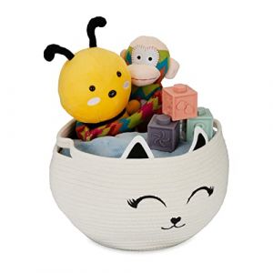 Relaxdays Corbeille de Rangement pour Enfants, Motif Chat, Caisse Tissu, H x D : 24 x 35 cm, Panier à Jouets, Blanc/Noir