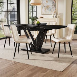 Table de cuisine extensible 120-160x75x75 cm, table de salon décontractée, pieds croisés en métal, finition marbre noir