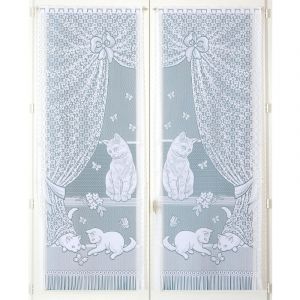 Home maison Paire de vitrages dentelle chatons et franges Blanc 60x160 cm - Blanc