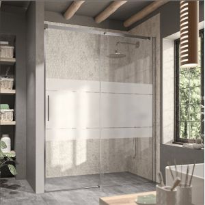 Paroi de douche fixe + Porte coulissante LUNA verre s&eacute;rigraphi&eacute; 150 cm Paroi lat&eacute;rale : 76.5 - 79 cm