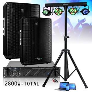 Ibiza Sound Pack Sono 2800W Total - Ampli 2x800W - 2 Enceintes 600W - Pied Support - 4 Jeux de Lumière Projecteurs Moonflower - DJ Mobile