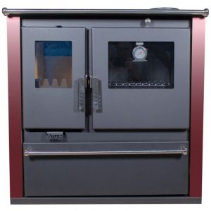 Verso Cuisinière à Bois cs Plus - 7,7 kW Plaque Supérieure en Métal, Four Inox et Panneaux Latéraux Peints Bordeaux