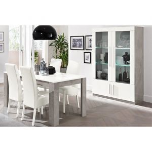 Ensemble S&eacute;jour Blanc et Marbre Table 190cm + Vitrine 4 Portes avec Leds - CLARK - ALTOBUY
