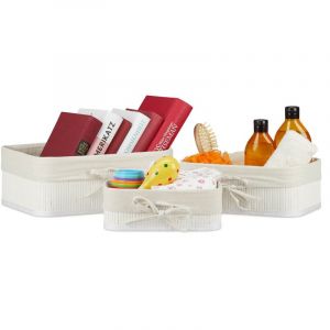 Relaxdays Panier de rangement en bambou et tissu, lot de 3, corbeilles salle de bain, 3 tailles différentes, blanc