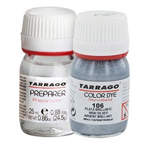 Tarrago Color Dye Double Teinture Colorante Cuir, Cuir Synth&eacute;tique Et Textil Bouteille + Pr&eacute;parateur 25 millilitres Couleur Argent Brillant-106