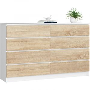 Grande Commode pour le salon AKORD K160 Blanche 160 cm 8 tiroirs fa&ccedil;ade Ch&ecirc;ne Sonoma 160x40x99 cm