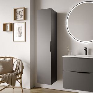 Bernstein Armoire suspendue en bois laqué, Colonne de rangement salle de bain + porte soft-close - Poignée métal - 35x165x35cm - tim - Anthracite mat, Noir mat