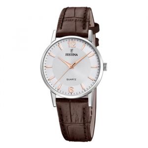 Festina Montre pour Femme F20691/2 Classics Bo&icirc;tier en Acier Inoxydable Gris Bracelet en Cuir Marron