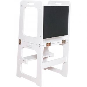 Robincool - Tour d'Apprentissage Montessori Evolutive ii Blanche 43x40x86cm Barre de Sécurité, Tableau, Convertible en Bureau