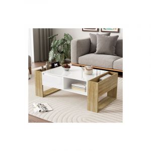 Wishdor - Table basse blanc et bois avec tiroirs et 2 compartiments ouverts, plateau blanc brillant