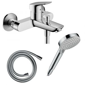 Hansgrohe Pack mitigeur bain douche mécanique Logis + Flexible Isiflex + Pommeau Vernis Blend 100 EcoSmart 2jets chromé