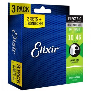 Image de Elixir 16552 Jeu de cordes en acier plaqué nickel Cordes pour guitare électrique avec revêtement Optiweb, Lot de 3 Pièces