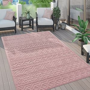 Paco Home Tapis Exterieur Terrasse Salon Cuisine Motif Scandinave Motif Ethnique Uni 3D Rose 140x200 cm