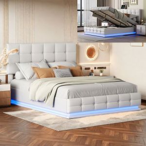 Lit 140x190 cm - LED - D&eacute;coration de bouton - Tissu en PU - lit adulte 140x190 cm - blanc