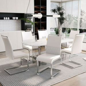 Oem Chaise salle &agrave; manger - Lot de 6 - Simili-cuir - Design rayures horizontales - Blanc