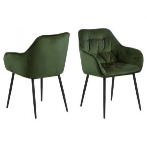 Image de Emob Cette chaise capitonnée Lynn avec accoudoirs est recouverte de velours vert forêt et apporte un aspect chic et luxueux à votre