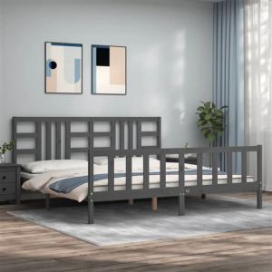 VidaXL Cadre de Lit avec Tête de Lit, Sommier à Lattes en Bois, Lit Double et Adulte, Cadre à Lattes sur Pied Chambre à Coucher, Gris 200X200 cm Bois Massif