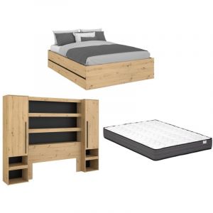 Lit coffre avec pont 140 x 190 cm - Coloris : Naturel et noir + Matelas - LUDARO