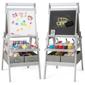Coast 3-in-1 Chevalet pour enfants Double face - Tableau noir et blanc avec rouleau de papier - 54 x 46 x 101,5 cm - Gris