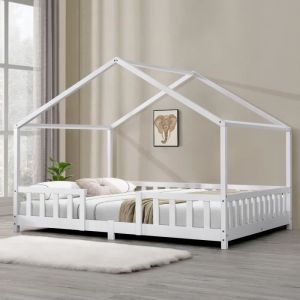 Image de Lit d'Enfant Forme Maison avec Grille de Protection Treviolo 200 x 140 cm Blanc Mat Laqué