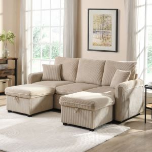 Canap&eacute; d'angle 3 places 188x82x86cm avec 2 tiroirs et 2 coffres tabouret, canap&eacute; modulable, tissu velours c&ocirc;tel&eacute;, beige