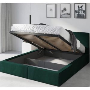 Lit coffre-Hilton-120x200 cm- Sommier avec cadre en metal- Tête de lit tapissé (vert)