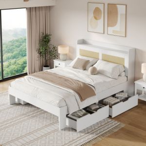 Lit adulte 140x200 cm, lit double avec d&eacute;cor en rotin, tiroirs et espace de rangement, blanc, sans matelas