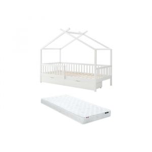 Vente-unique - Lit cabane 90 x 190 cm avec tiroirs - Pin et mdf - Blanc + Matelas - kiralio
