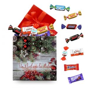 Boite carrée décor Noël garnie de 55 chocolats Kinder, Daim, Milka & Célébrations | Idéal à partager en famille