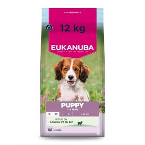 Eukanuba Life Care Croquettes Chiots Petite Moyenne Races 1à 12 Mois, Riche en Agneau & Riz, Croissance optimale - DHA, Calcium, Oméga 3&6, FOS, MOS, sans colorants, arômes artificiels ni OGM – 12 kg