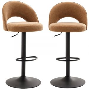 Lot de deux tabourets de bar ajustables m&eacute;tal et tissu camel. pied noir - L 49 x P 49 x H 88.5-110cm - Abby