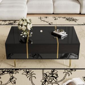 Table basse 100x60x41.5cm - table brillante avec 2 tiroirs - moderne et simple - mdf Noir