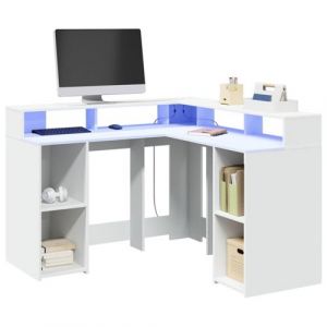 Bureau avec lumi&egrave;res LED blanc 130x130x91 cm bois d ing&eacute;nierie