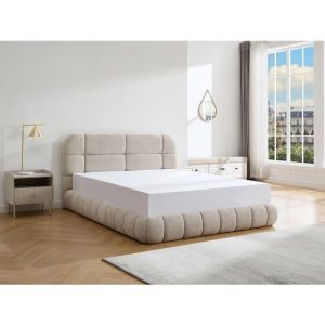 Lit coffre 140 x 190 cm - Tissu bouclette - Beige + Matelas - FORIOSY
