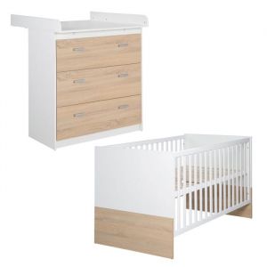 Roba Chambre bébé duo - Lit évolutif 70 x 140 cm + Commode a langer avec plan a langer inclus - Bicolore blanc / décor chen…