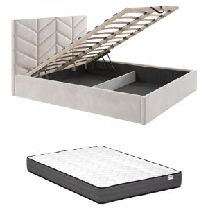 Lit coffre 140 x 190 cm - Tissu texturé - Crème + Matelas - JUSTANI
