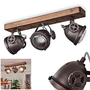 Hofstein Plafonnier Herford en bois, métal brun et verre, spot de plafond orientable rétro-industriel idéal dans un salon vintage, pour 3 ampoules GU10 max. 50 Watt, compatible ampoules LED