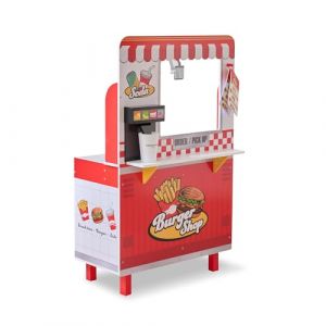 Teamson Kids Flip & Fry Burger Shop Ensemble de Jeu en Bois Rouge avec Gril, friteuse, Station de Boissons et 29 Accessoires, Encourage Les compétences sociales et la créativité