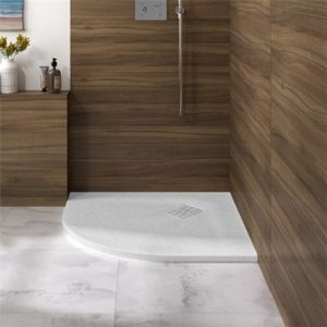 Kinedo Receveur de douche d&eacute;couplable 1/4 de rond 90x90 extra plat &eacute;paiss. 3 cm kinerock Evo min&eacute;ral blanc bonde extra plate grand d&eacute;bit inclus