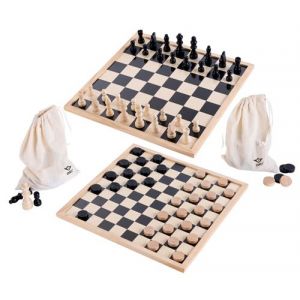 Engelhart Jeu d'échecs 2 en 1 Complet - Échecs / Dames en Bois - 40 cm + 2 Sacs en Toile et Figurines