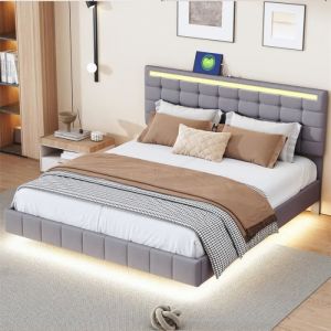 Lit capitonné avec lampes LED pour adulte - cadre de lit flottant avec sommier à lattes et tête de lit avec 2 porte USB - gris 160x200cm