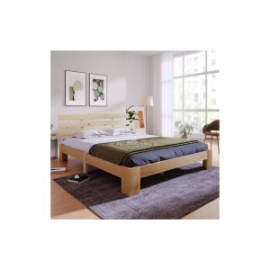 Lit double en bois avec tête de lit, cadre de lit avec sommier à lattes 200x140cm, bois massif fsc en pin - Liberté