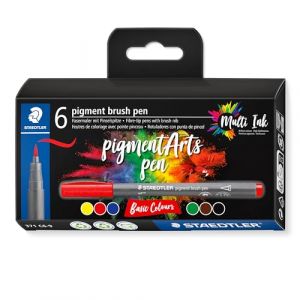 Staedtler PIGMENT ART - Brush 371 - Etui carton 6 feutres - Pointe pinceau - Couleurs basiques assorties - 371 C6-9