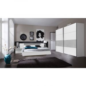 Pegane Ensemble chambre adulte Lit futon avec éclairage en Blanc, rechampis teinte béton gris clair - 140 x 200 cm -