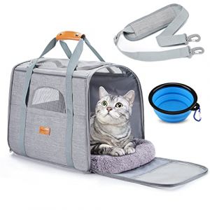 Morpilot Cat Carrier, Airline Approved Pet Carrier, Portable Dog Bag Carrier, Breathable Small Pet Carrier Travel Cage with Adjustable Shoulder Strap and Pet Bowl Light Grey