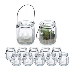 Relaxdays Photophores à Suspendre, Lot de 12, avec Anse, pour intérieur et extérieur, HxD: 9 x 8,5 cm, Transparent-Noir