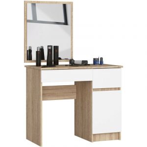 Table de coiffeuse Akord droite, avec miroir 500x600 Chêne Sonoma 90 cm 1 porte 2 tiroirs façade Blanche 2 étagères 90x50x142 cm