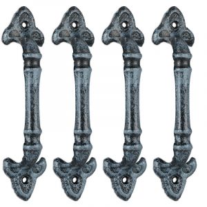 Relaxdays Poignée de meuble vintage, lot de 4, pour portes, armoires & tiroirs, fonte de fer, 20 cm de long, avec ornements, gris
