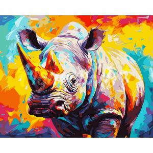 Figured'Art Peinture par Numéro Adulte avec Cadre Rhinocéros Coloré Abstrait - Activité Manuelle Kit de Loisir Créatif DIY Numéro d'Art Complet Animaux - 40x50cm toile tendue sur châssis